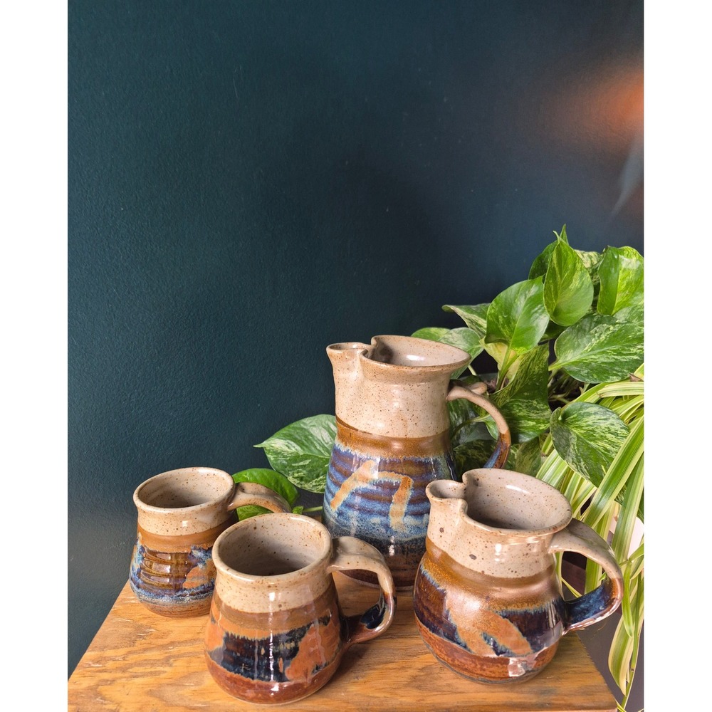 Vintage Studio Pottery Pitcher Mug Set Handmade Stoneware Rustic Farmhouse - Picture 2 of 5